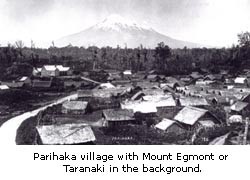 Parihaka village with Mount Egmont or Taranaki in the background.